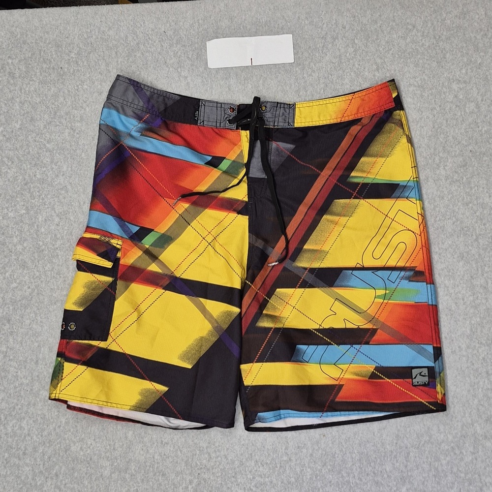 Rusty Men Shorts 38 Yellow Swimwear Geometric Board Shorts Zipper Button Logo